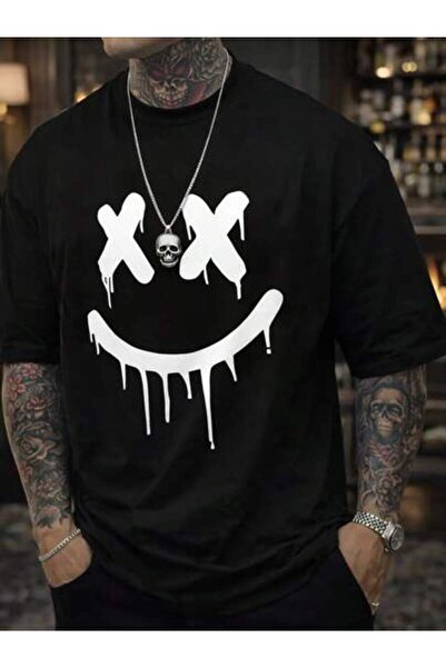 45 BPM Men's Oversized Relaxed Fit T-Shirt With X-Eye Joyful Face & Drip Prin...