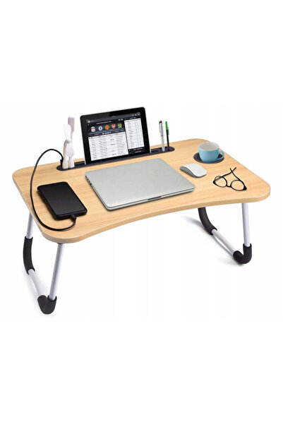 Generic Masă Pentru Laptop Pliabilă cu Suport Pahar și Telefon, Maro Deschis
