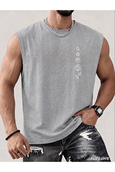 FUFLUNS Rose Flower Printed Men's Regular Fit Crew Neck Sports Sleeveless T-S...