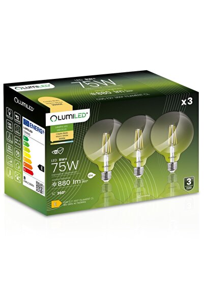 Lumiled 3x Bec LED E27 Sferă G95 8W = 75W 880lm 3000K Cald 360 °   FILAMENT