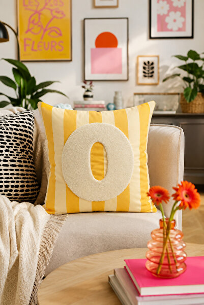 Pilloveland Punch Embroidered Throw Pillow Cover - 43*43 cm - Yellow Letter O...