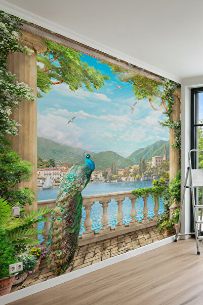 dreamwall Taş Sütunlu Teras, Tavus Kuşu, Göl ve Dağ Manzaralı Tek Parça Tekst...
