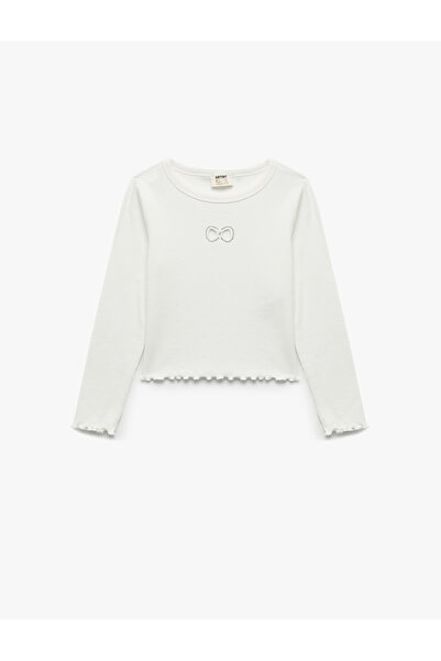 Koton Crew Neck Long Sleeve Cotton T-Shirt with Bow and Window Detail
