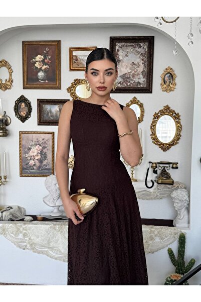 Moda Days Rochie midi maro pentru femei, cu decolteu bărcuță, fără mâneci, cu...