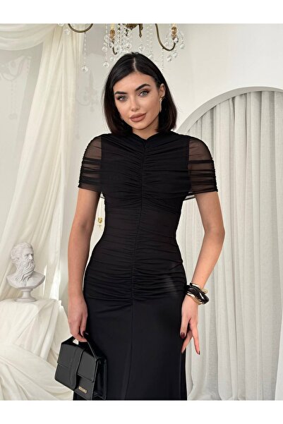 Clothes Fast Γυναικείο μαύρο μίντι φόρεμα με ντραπέ, τούλι και λεπτομέρειες, ...