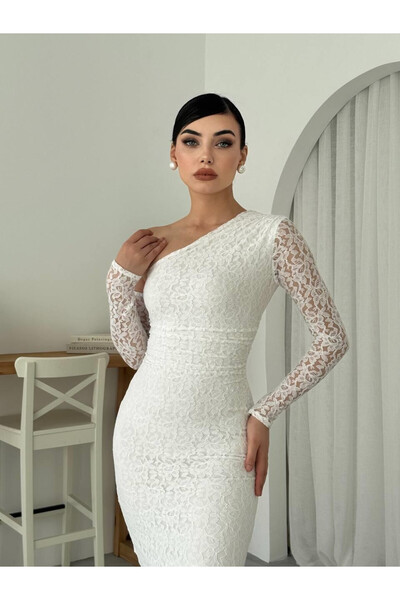 Clothes Fast Women's White One-Shoulder Lace Long Sleeve Bodycon Midi Dress