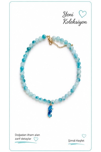Stoneday Aquamarine Natural Stone Murano Seahorse Pointed Plated Summer Necklace