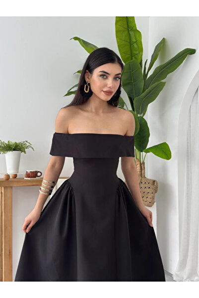 Clothes Fast فستان سهرة طويل للنساء باللون الأسود بياقة قاربية وأكتاف منخفضة ...