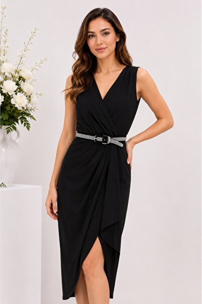 OEM Curea cu cristale argintii aplicate pe fond negru, model elegant