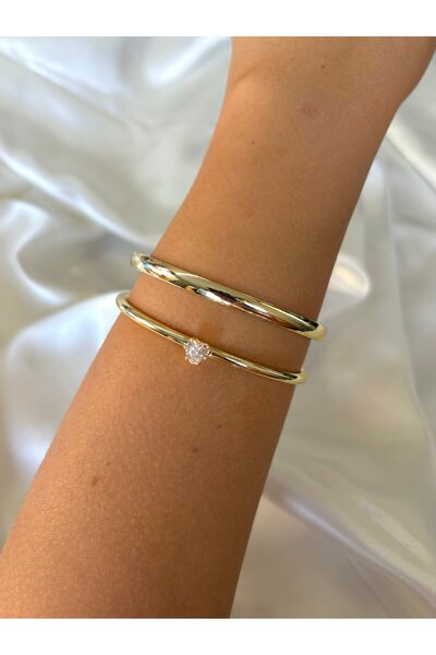 Eylülün Takısı Women's Gold Color Stone Heart Detailed 2-Piece Bracelet Set