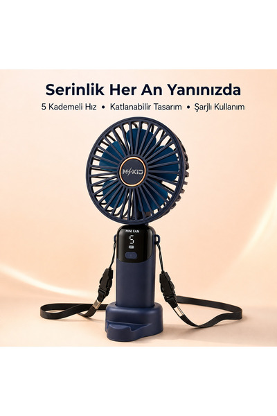 MKIO Katlanabilir Şarjlı El Fanı 5 Kademeli 1200 mAh LED Göstergeli Taşınabil...
