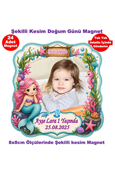 Elara Tasarım 24 Adet Deniz Kızı Temalı Fotoğraflı Kişiye özel Doğum Günü Mag...