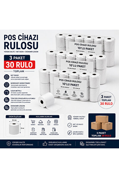 POS Cihazı Rulosu 56 mm x 12 m – 3 Paket (Toplam 30 Rulo)