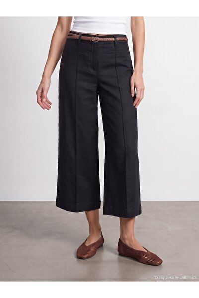 Dilvin 72752 Kemerli Keten Culotte Pantolon-Siyah