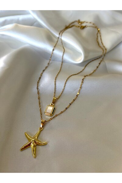 Eylülün Takısı Women's Gold Color Starfish 2 Separate Steel Necklace