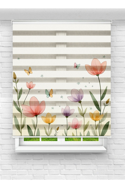 Genel Markalar Pastel Çiçek ve Kelebek Desenli Zebra Stor Perde – Mutfak - Mu...