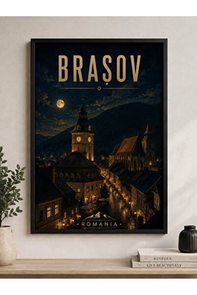 Miutic Print Studio Tablou decorativ Brașov noaptea, stil vintage, înrămat