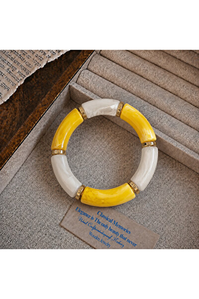 synshop Yellow Cream Bone Marble Patterned Gold Spacer Bohemian Vintage Thick...