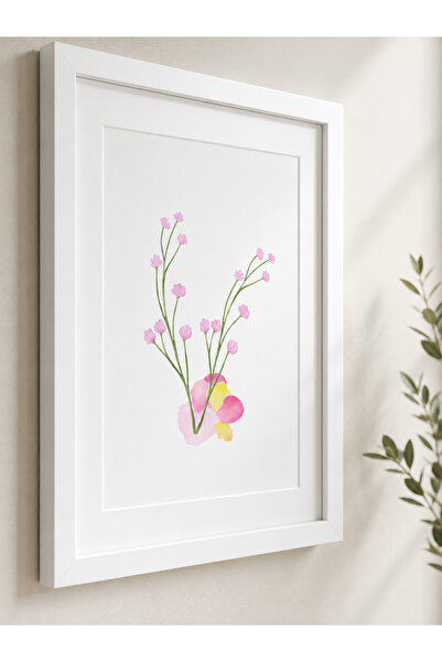 Beyaz Çerçeveli Minimalist Pembe Çiçekler Duvar Tablosu