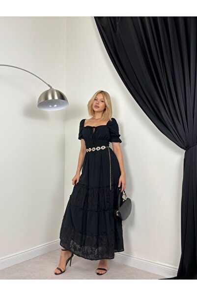 Moda Days Women's Black Maxi Square Neck Lace-Up Balloon Sleeve Ruffled Lace ...