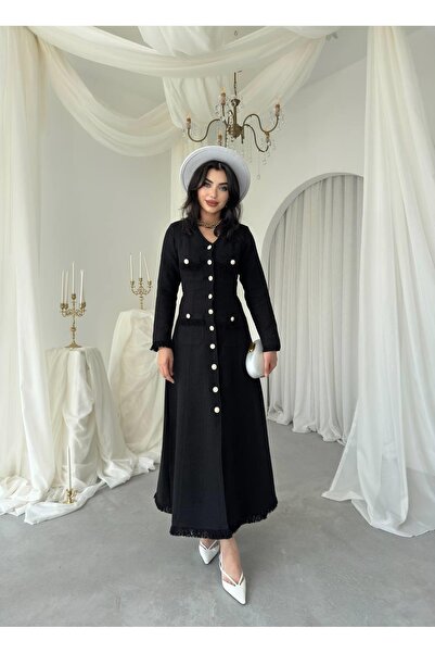 Clothes Fast Rochie midi Chanel cu textură, cu mâneci lungi, decolteu în V și...