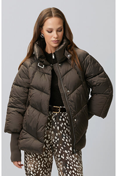 Network Acı Kahve Dik Yaka Oversize Puffer Mont