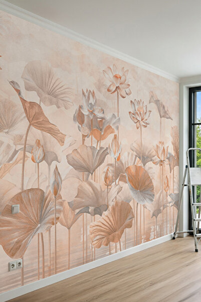 dreamwall Somon Tonlarında Lotus Çiçekleri ve YapraklarıTek Parça Tekstil Duv...