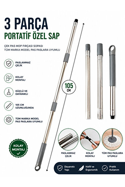 Akalın Professional Cleaning Products Fırça - Mop Sopası 3 Parça Portatif Pas...