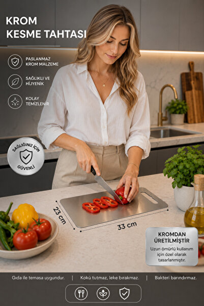 HSB BİRDAL Krom Kesme Tahtası33x23 cm Paslanmaz Çelik Kesme Tahtası Hijyenik ...