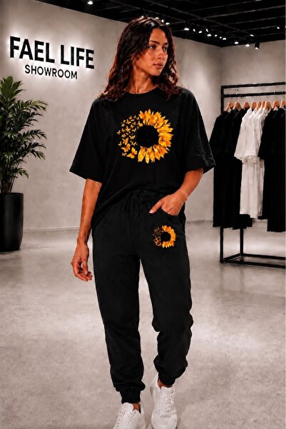 FAEL LİFE Unisex Wide Cut T-Shirt and Sweatpants Moonflower Printed Set