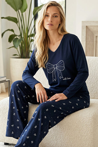 Siyah İnci Navy Blue Patterned Embroidered Cotton Lycra Knitted Pajama Set262...