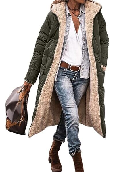Dotail Women's Long Winter Coat, with Hood, Fleece Lining, Windproof, Fitted ...