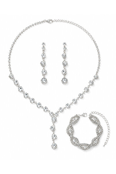 Generic Brand Rhinestone Necklace & Drop Earrings Set for Women, Silver Tone ...
