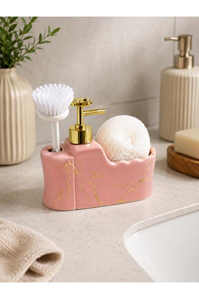 ALBETTO 14359 Pink Marble Patterned Porcelain Liquid Soap Dispenser with Brus...