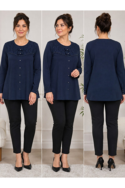 ENGIN Women's Navy Blue Knitwear Long Sleeve Blouse