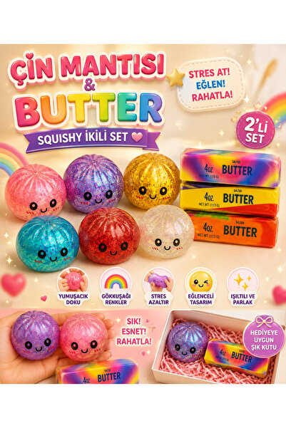 Büyük Boy Simli Çin Mantısı + Gökkuşağı Tereyağ Moji | Kawaii Squishy Bun + Butter Rainbow Squishy 2'li set. Renk gönderimi rast gele sağlanır.