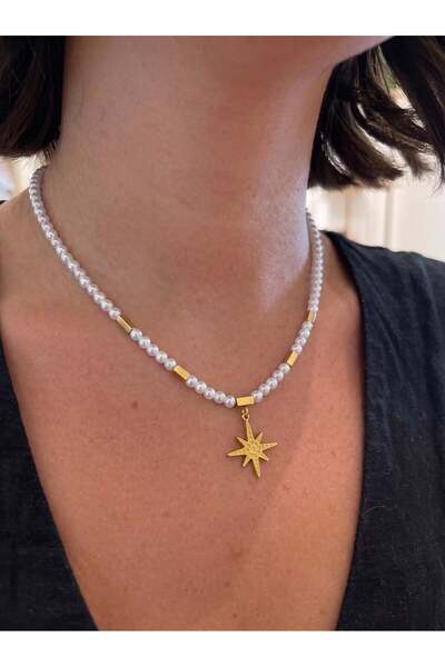 Eylülün Takısı Women's Gold Detailed North Star Steel Necklace with Pearls
