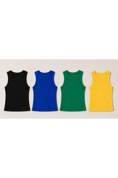 Feyece Kadın 4'lü Saks Mavi Sarı Yeşil Siyah Halter Yaka Fitilli Crop Bluz