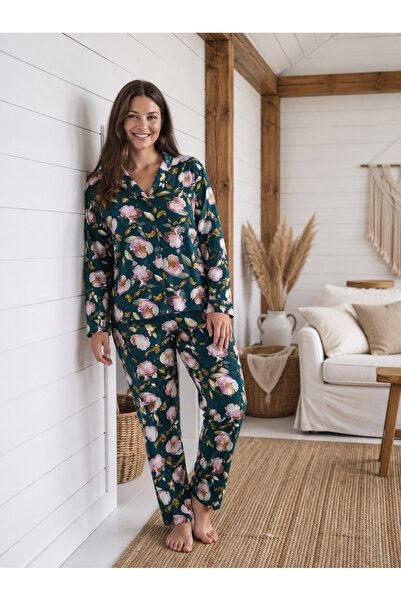 BALİS PİJAMA Women's Small Floral Patterned Plus Size Buttoned Pajama Set Lon...