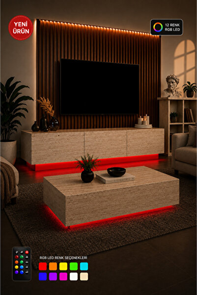 webotto 8 AlmadDiv RGB Led Işıklı Tv Ünitesi ve Orta Sehpa Takımı Traverten D...