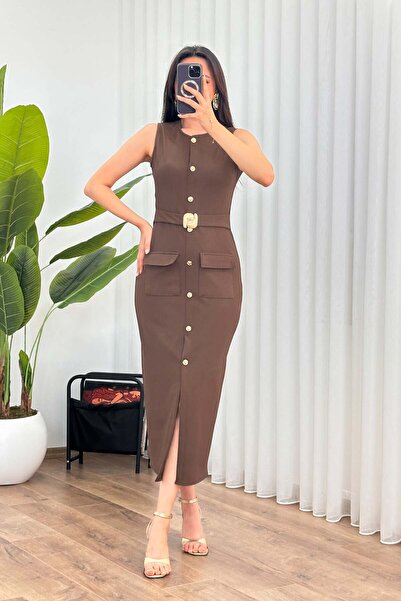 Clothes Fast Women's Brown Belted Buttoned Sleeveless Midi Slit Dress with Po...