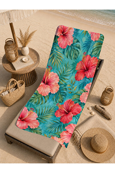 Evmila Tropical Turquoise Hibiscus Floral Patterned 70X150 Beach Towel - Digi...