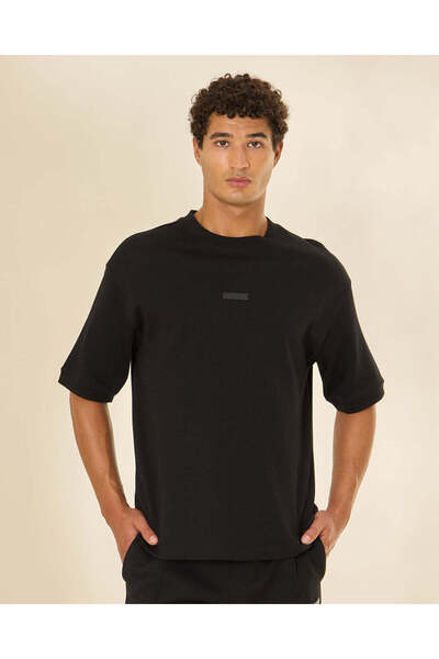REDTAG Men Black Pleated Interlock Lounge T-Shirt