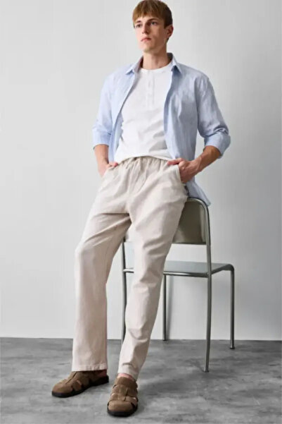 DeFacto 100% Cotton Baggy Fit Elastic Waist Beige Trousers G2592Ax26Au
