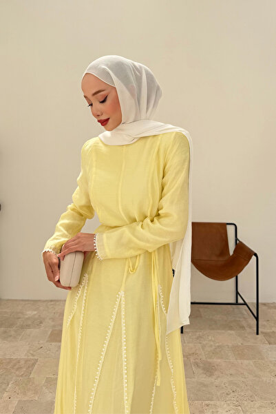 fushya design Biye Detaylı Parçalı Kuşaklı Elbise