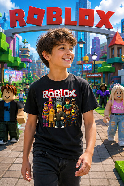 Zeycem Store Roblox Printed Boys' Unisex Tshirt Black White Blue