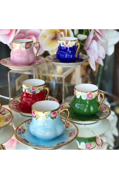 BY.RAYKA PORSELEN El Dekor Porcelain Hand Painting Saray Series Firfir Coffee Cup Set