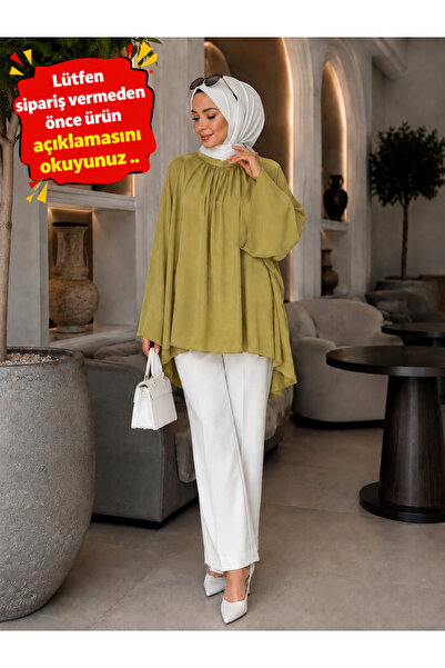 Esra Butik78 Tül Modal Astarlı Rahat Kalıp Tunik – Beyaz & Yağ Yeşili | Günlü...