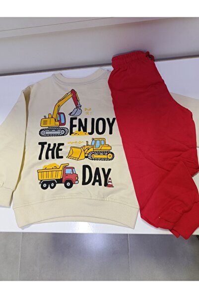 Erkek Çocuk İş Makinesi Baskılı Sweatshirt & Eşofman Altı 2'li Takım