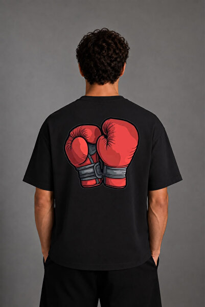 VSRN Tricou oversize negru cu imprimeu pe spate, cu design cu mănuși de box r...